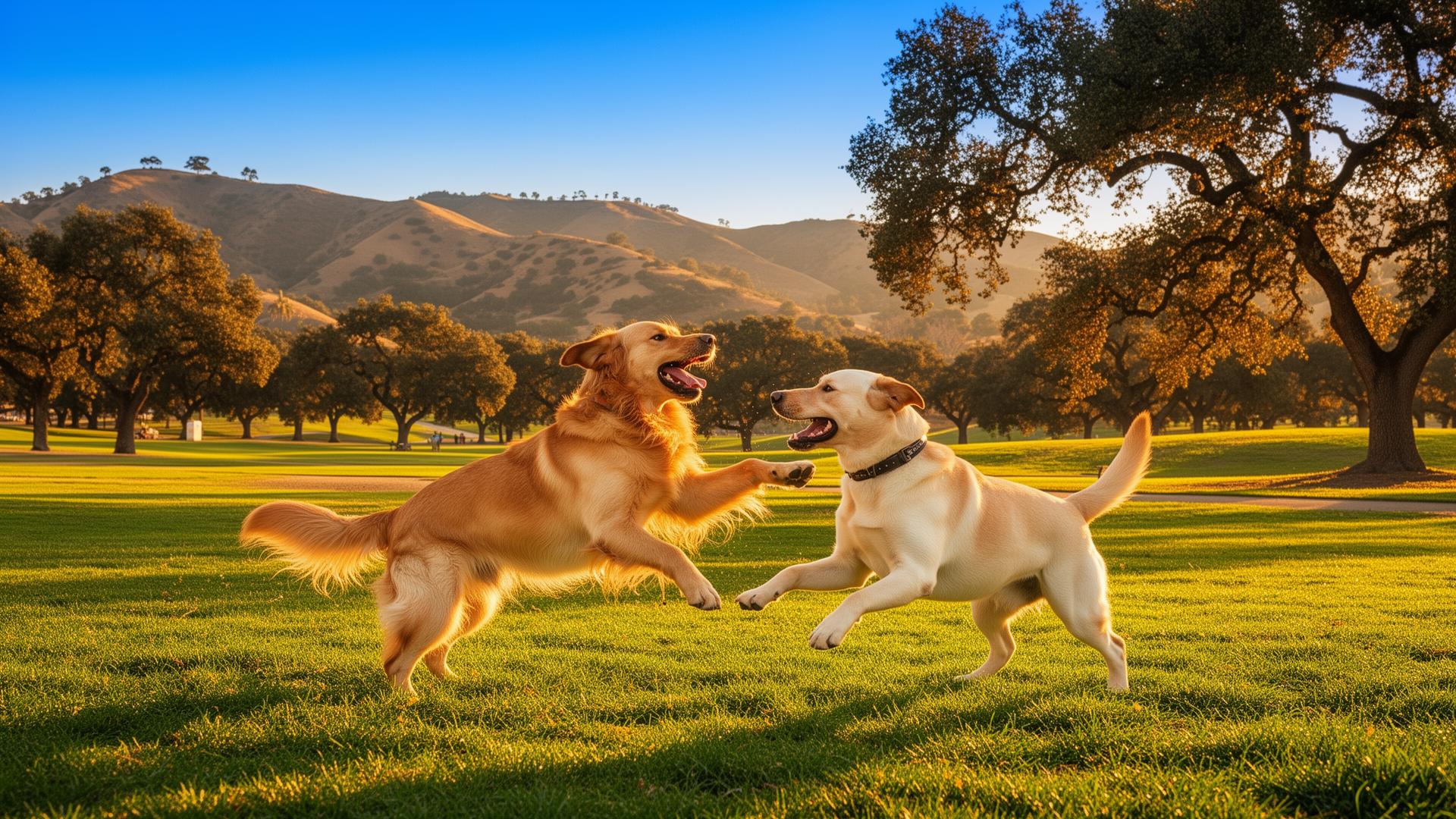 Professional dog trainer walking calmly with a well-behaved dog in a sunlit park